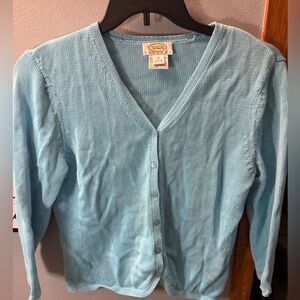 Talbots Petite Medium Mercerized Cotton Vneck  Cardigan Size M Aqua Blue